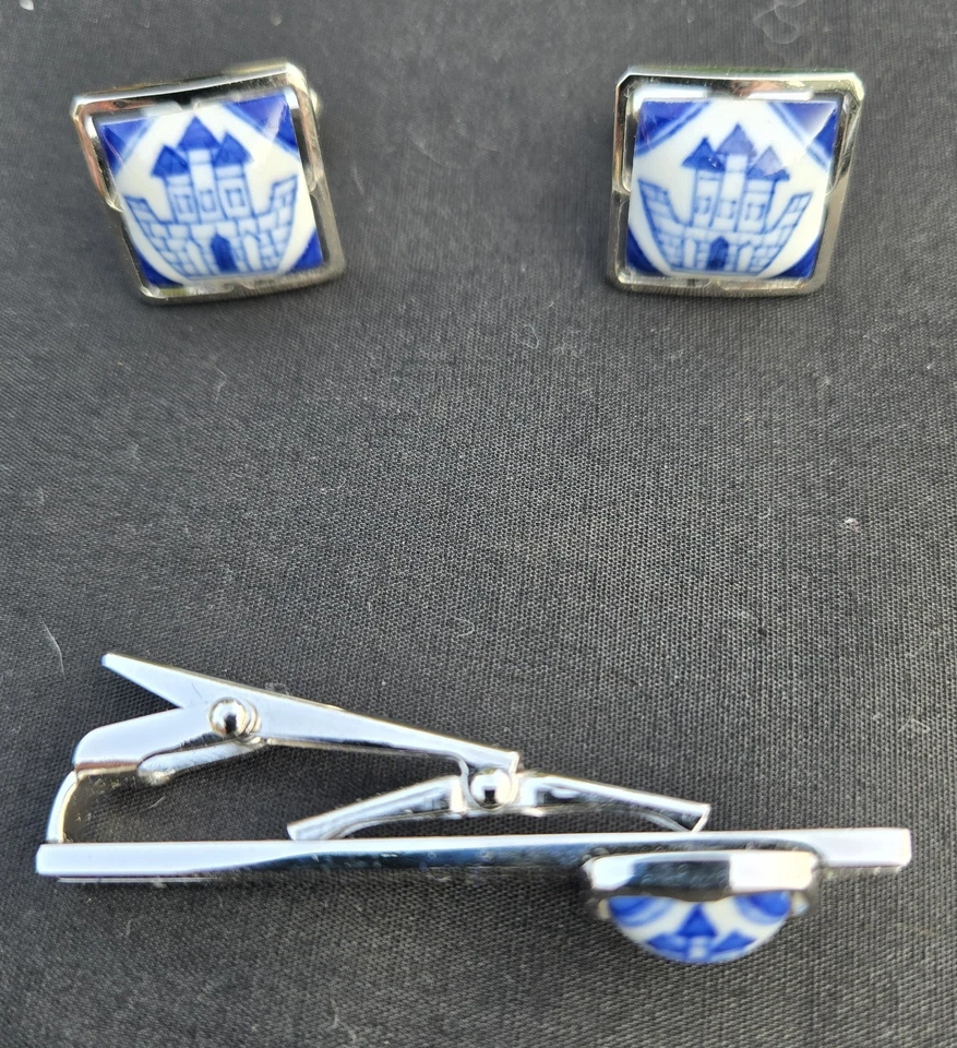 Juego de corbatas y gemelos de porcelana azul y blanco Kiyomizuyaki de colección caja e información de Japón Foto 2 de 4