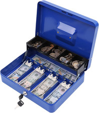 Cash Box with Key Lock, Metal Money Box, Safe Storage Box, Blue Cash Box with