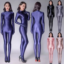 Women's Shiny Wet Look Bodysuit Catsuit Lingerie Satin Glossy Rompers Jumpsuit