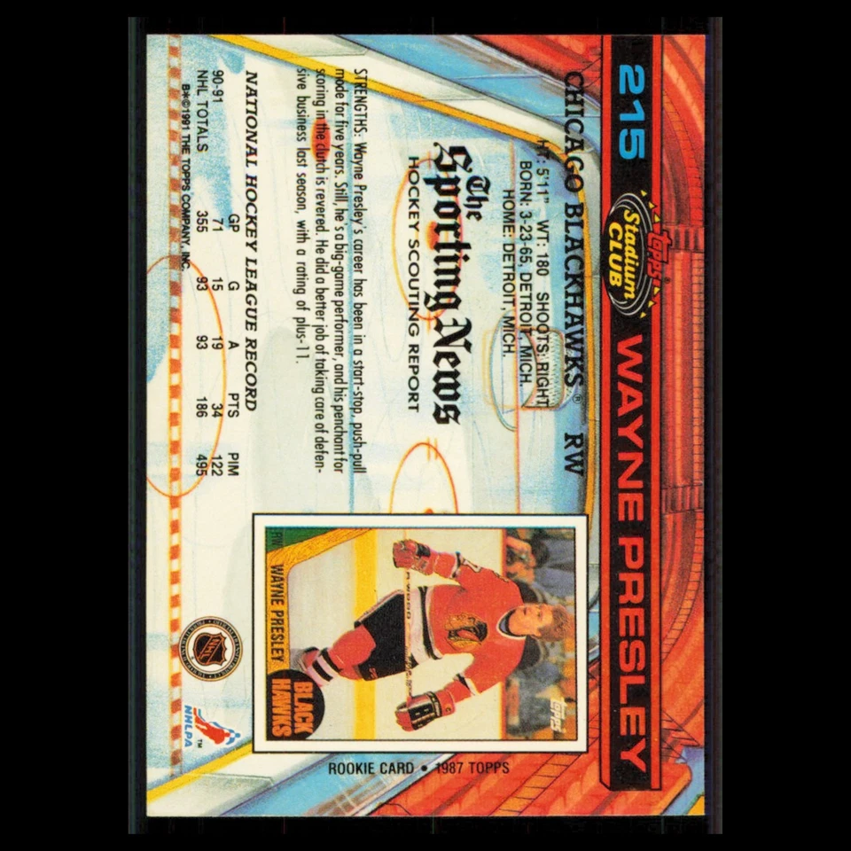 Wayne Presley #215 1991 Topps Stadium Club Chicago Blackhawks Hockey Card NHL NM - Image 2 of 3