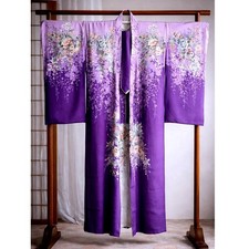 VTG Authentic Japanese Purple Floral Silk Kimono 51.5" Adolescent Youth Show Era