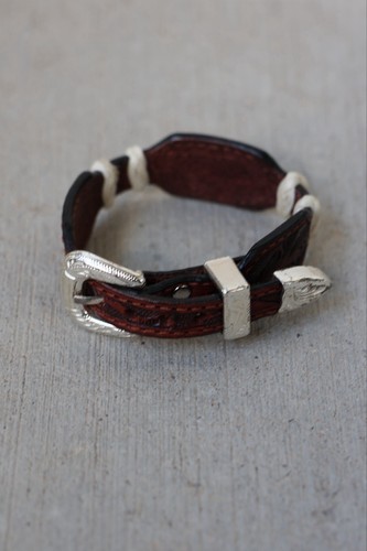 Western Buckle Tooled Leather Bracelet With Rawhide