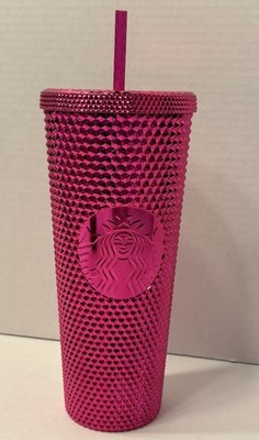New - 24oz Starbucks Metallic Hot Pink Studded Cold Cup Venti Tumbler With Straw
