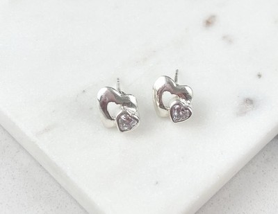 Vintage 925 Sterling Silver C Z Minimal Heart Stud Earrings 