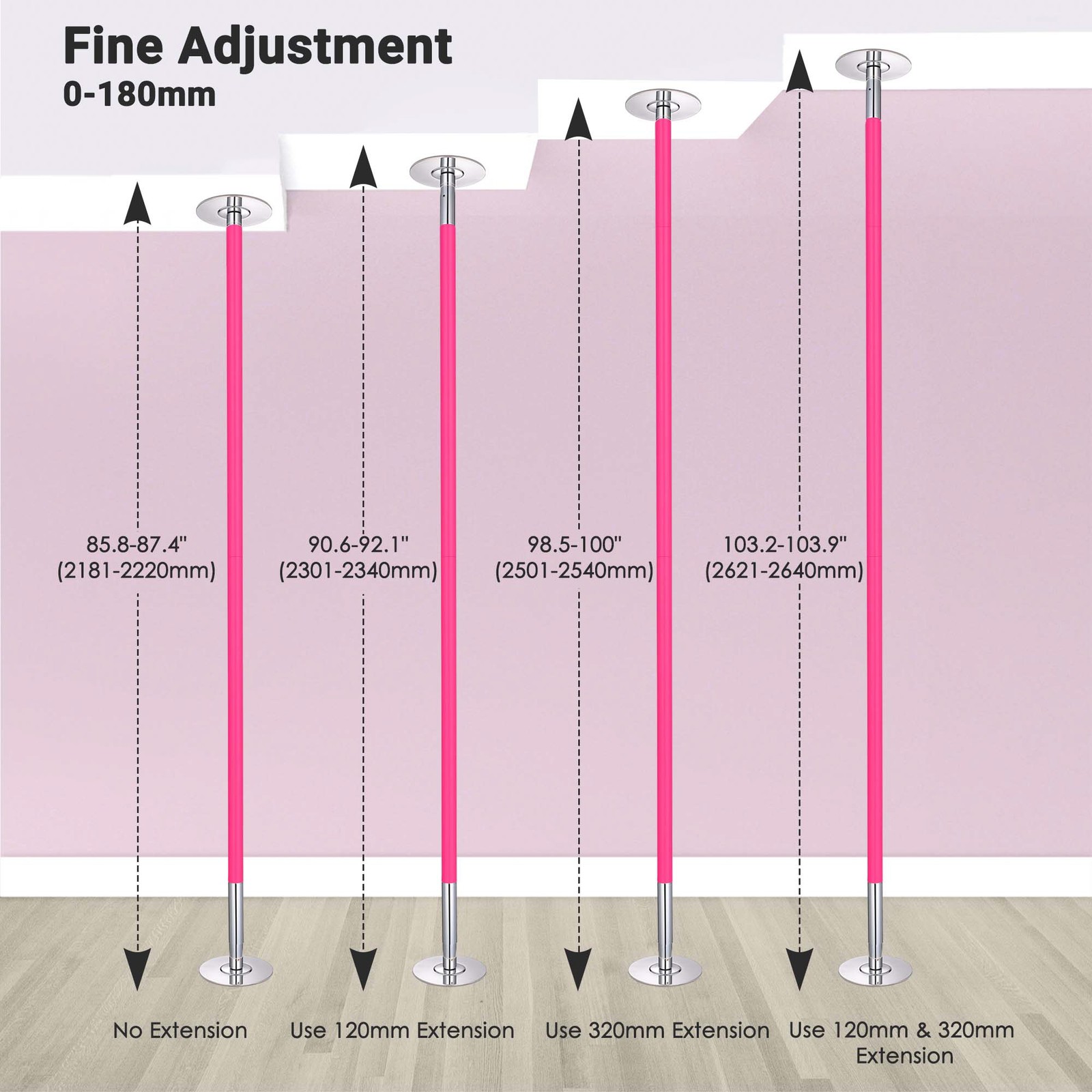 Yescom 3 Pack 9.25 Ft Silicone Spinning Static Dancing Pole for Studio Club Pink