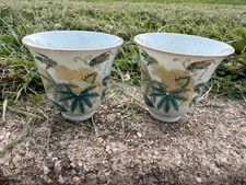 Pair Antique Chinese Famille Rose Locust Porcelain Cups Characters Mark 20th