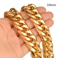 19MM Men's  18k Gold Tone Stainless Steel Curb Cuban Link Chain Necklace 16"-40"