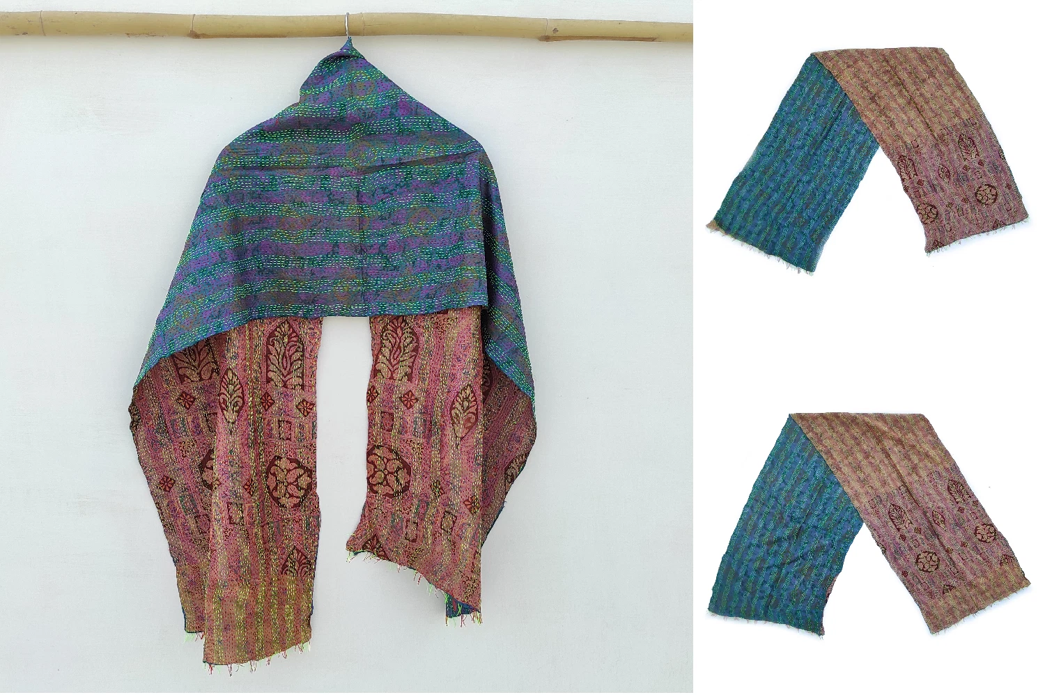 Silk Kantha Scarf Head Wrap Stole Dupatta Hand Quilted Women Scarves Reversible