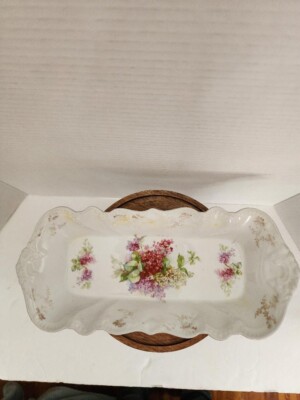 Antique Hand Painted Relish/Celery /Bread Dish-Pinks, Green, Purple-13''