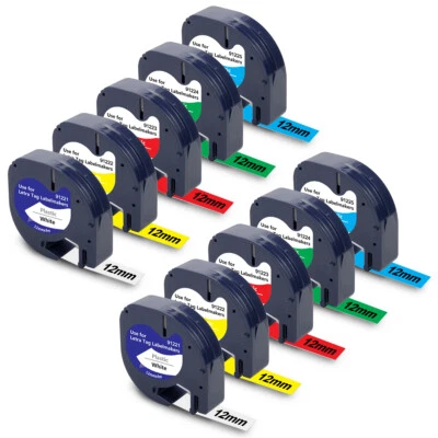 10PK Replace Dymo Letra Tag Plastic 91201 91205 12mm Label Tape Cartridge LT100H