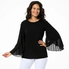 Antthony Studio Stretch Ruffle Sleeve Top Size Large Black Party Career Work NEW