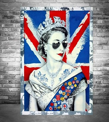 Impresión de lienzo o póster de pared con marco de arte callejero de graffiti Queen Elizabeth Union Jack