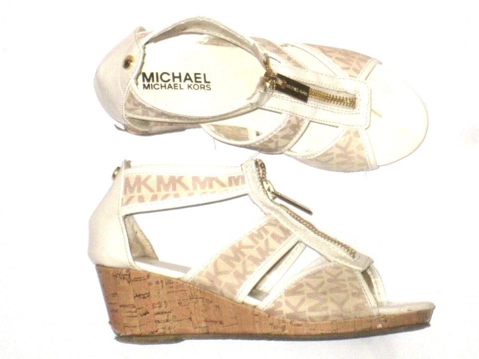 Sandalias para mujer Michael Kors MK Signature vainilla cuña damita beige blanco talla 2 Foto 3 de 4