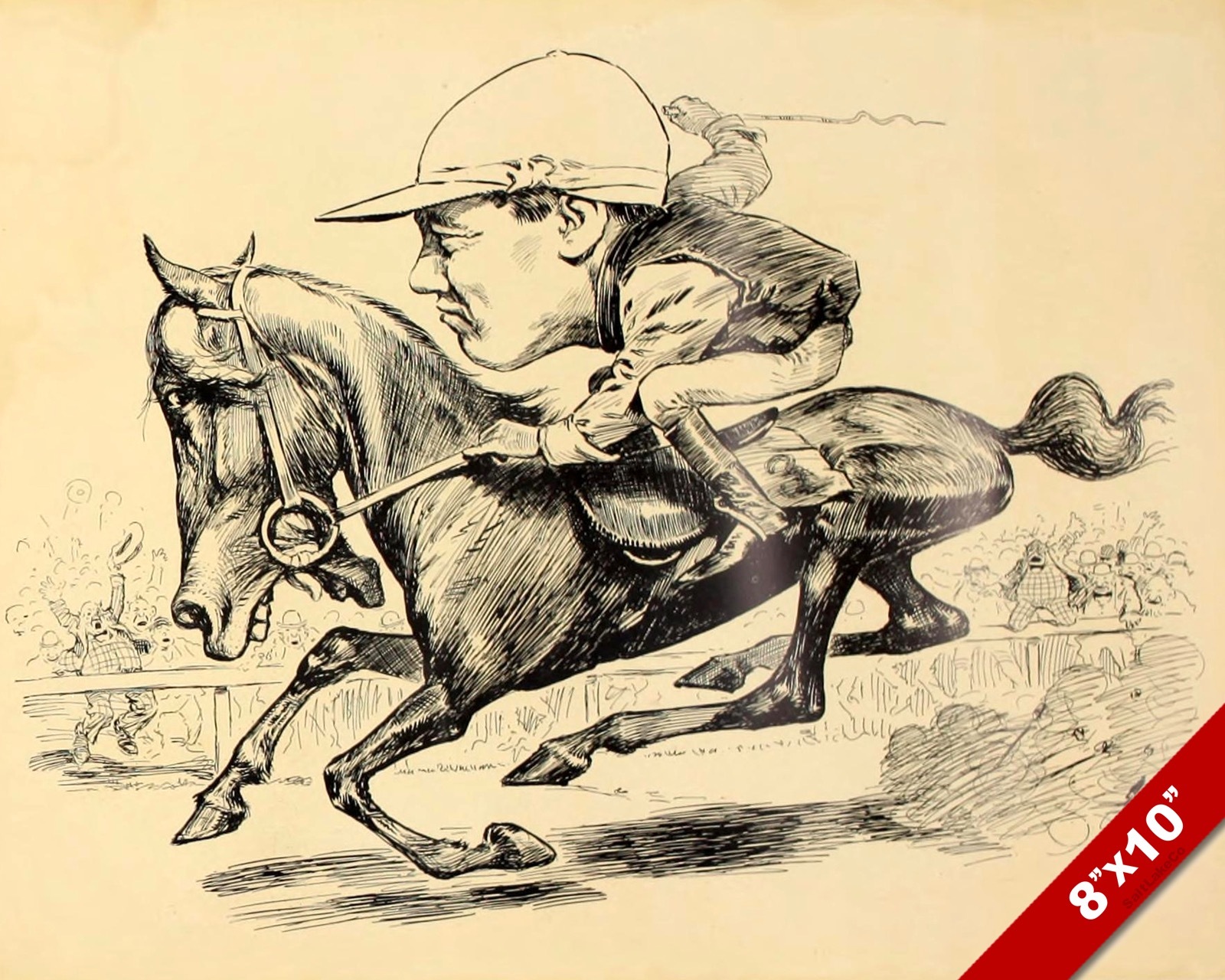 Dessin Original Courses Hippiques - Caricature Offset Cheval Et Jockey Par Brigantine