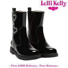 Image of Lelli Kelly Girls Black Boots Patent Diamante Heart Mid Calf - Valerie LK3724