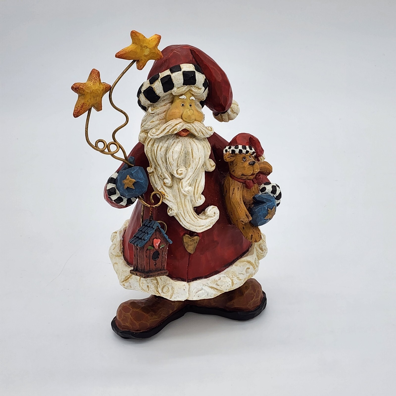 Santa Claus with Birdhouse Stars Teddy Bear Resin Figurine