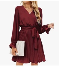 BBX Lephsnt Dresses for Women Wrap V-Neck Dress Flounce Tie-Belt Burgundy M NEW