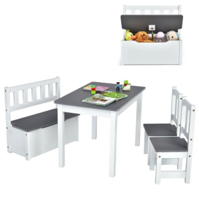 4 Pieces Kids Wooden Activity Table Chairs Set Storage Bench Children Study Desk