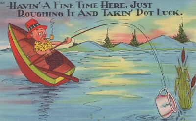 Havin' A Fine Time Here Just Roughing It Takin' Pot Luck Vintage Linen Postcard
