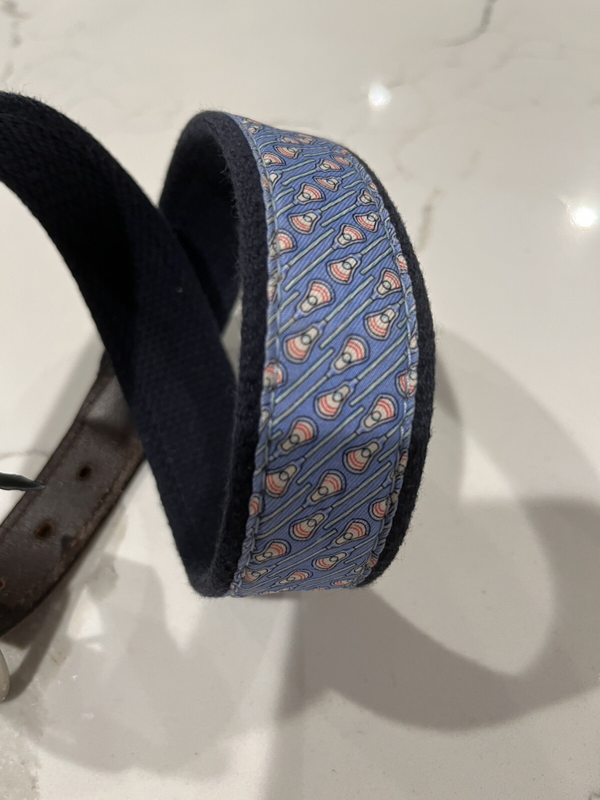 Vineyard Vines Lacrosse Sticks Woven Canvas & Leather Belt Navy Blue Sz