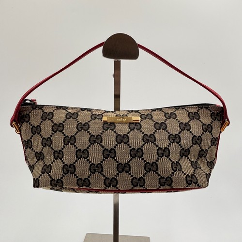 Lank AA! Gucci GG Canvas Leather Gray/Red Mini Accessory Pouch Bag Auth - Picture 2 of 14
