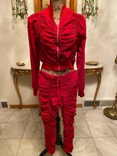 Vintage Beware Red Ruched Zip Jacket and Pants 
