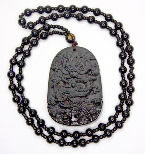 Carved Obsidian Chinese Dragon Pendant Beaded Neck