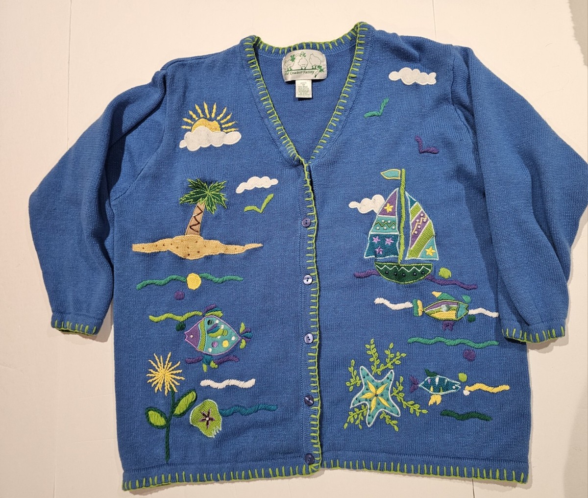 Quacker Factory Cardigan Blue Beach Nautical Fish Granny  display picture 3