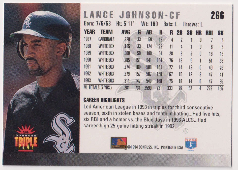 1994 Donruss Triple Play #266 Lance Johnson Chicago White Sox - Image 2 of 2