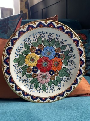 Griechischer Vintage gold glasierter floraler Dekoteller Made in Greece