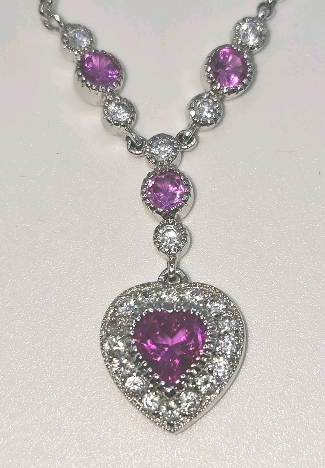 Vintage Sterling Silver And Lab Created Ruby Heart Pendant Necklace  16" 7.45g - Image 4 of 4