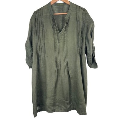 CP Shades Olive Green 100% Linen Pintuck Roll Tab Sleeve Tunic Top Small USA