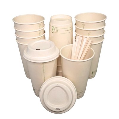 Living Balance Certified Compostable Coffee Cups with Bagasse Lids 16 oz   75...