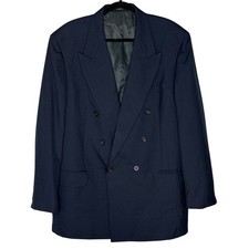 Vtg Oscar de la Renta Men  s Double Breasted Sport Coat Windowpane Navy Blue 46L