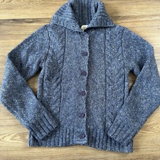 L.L. Bean Cable Knit Wool Cardigan Sweater Shawl Collar Blue Fisherman Women XS