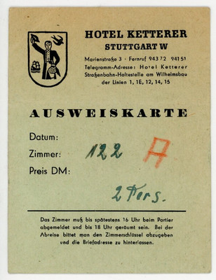 1949 Hotel Ketterer Stuttgart Germany Room Card #P65