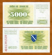 Bosnia-Herzegovina, 5000 Dinara, 1993, P-16a, UNC