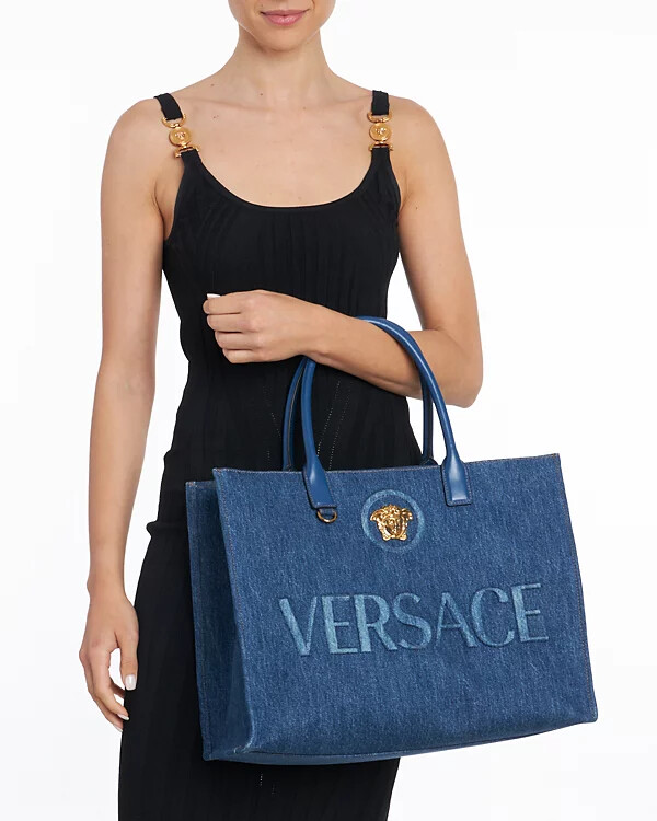 Versace Gold Logo La Medusa Fabric Calf Leather Denim Blue Large