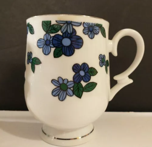 Translucent Porcelain Royalton China Blue Floral Pedestal Coffee Mug VTG Japan  