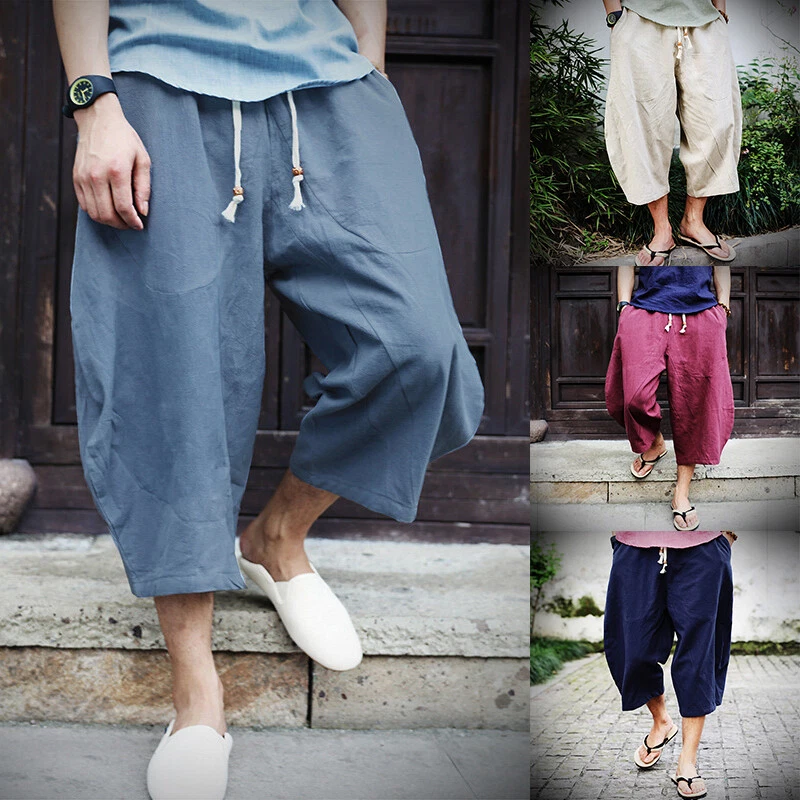 Mens Linen Cotton Capri Pants Harem Loose Baggy Shorts Plain Chinese Casual  Soft