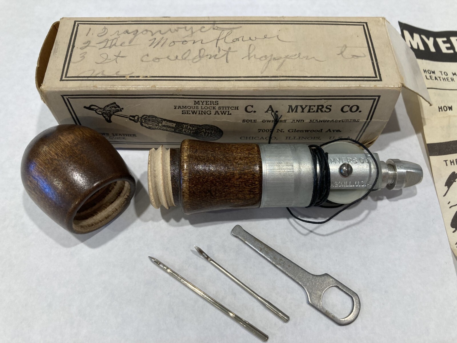2 Vintage Sewing Awls - C. A. Myers Leather Complete in Box + Red Curved Tailor?