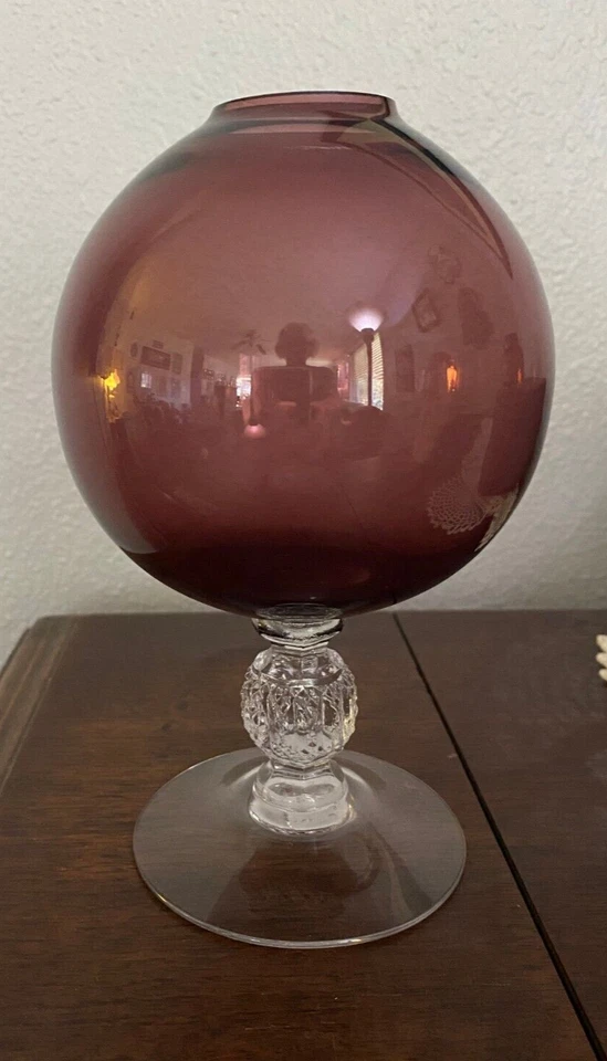 7" Vintage Cambridge Glas lila Amethyst Glaskugel Kugel klar gestielt Efeu Vase