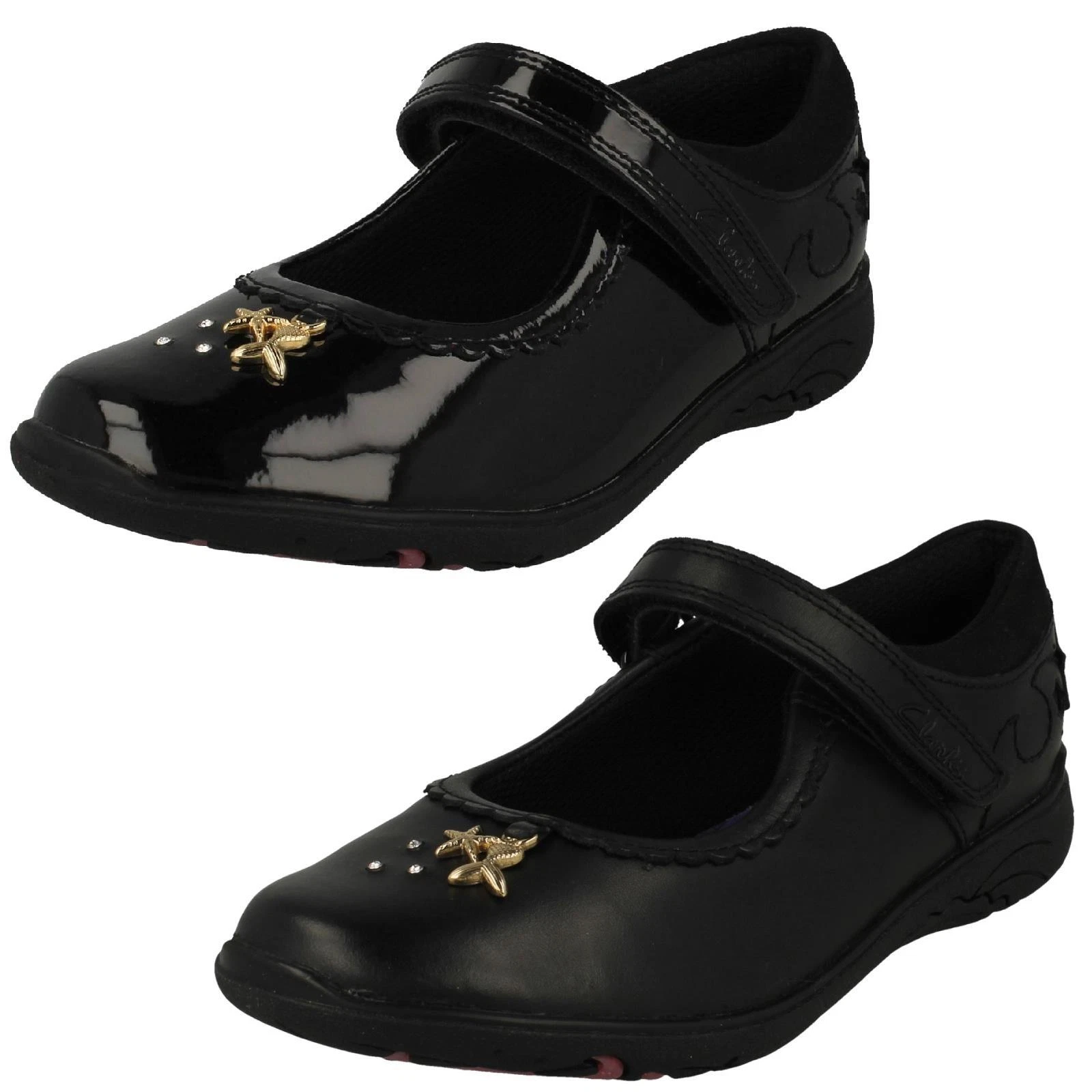 Scarpe da scuola Clarks ""Relda Sea K"" nere verniciate o in pelle con gancio e anello