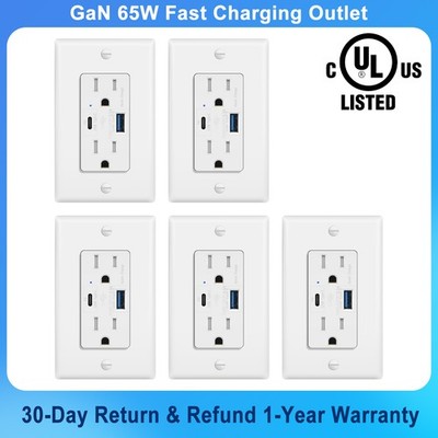 USB C PD 65W 15A Wall Outlet 2AC+2USB Ports UL Listed Fast Charger for Laptop ×5