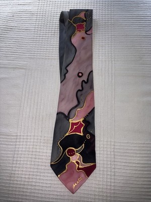 Visions On Silk Tie Abstract Art Pattern  Pink Black Designer Necktie