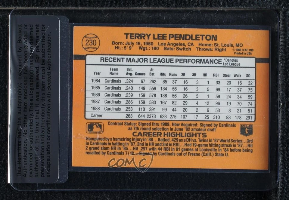 BAS 1989 Donruss Terry Pendleton (*Denotes on Back) #230 Seal of Authenticity - Image 2 of 2