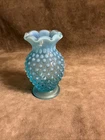 Vintage 1950s Fenton art glass blue opalescent Crimped  Edge Bud/favor Vase