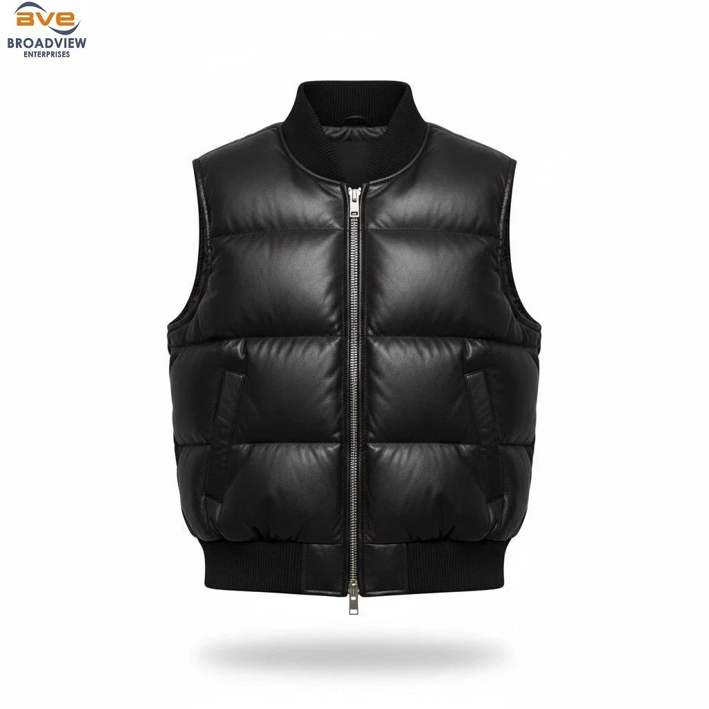 Premium Men’s Real Leather Puffer Vest – Bomber Style Quilted Gilet