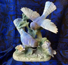 Midcentury Blue Jay Family Figurine, Porcelain, Lipper & Mann