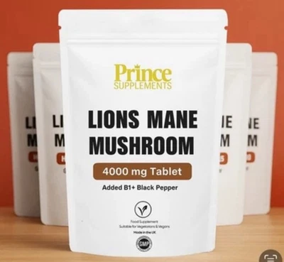 PRINCE SUPPLEMENTS Lions Mane Supplement 4000mg with B1 + Black pepper, 180 Vegan Tablets